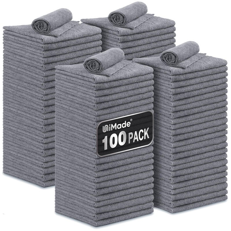 UNIMADE Microfiber Cleaning Cloth, 100 Pack Microfiber Towels for Cars Commercial Grade Work Rags Bulk Detailing Cloth for Automotive Bar Mechanic Restaurant Garage Housekeeping, 11.5""x 11.5"", Grey - Image 1